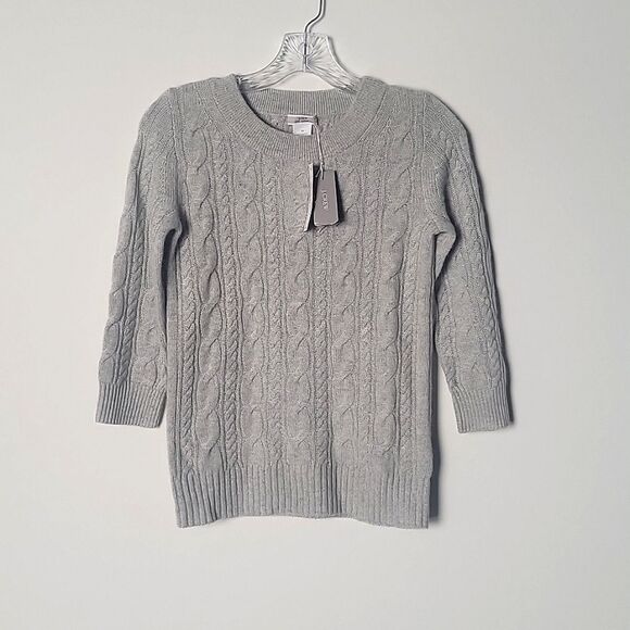 NWT J Crew XS 100% Cashmere Cable Knit Wool Long Sleeve Crew Sweater Gray Y2K - Picture 1 of 12
